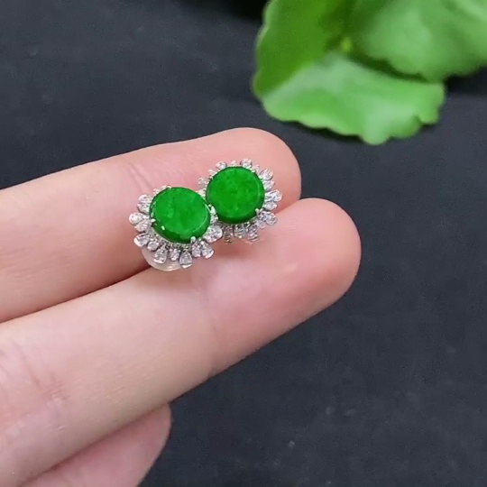 F31603759 Jadeite Cabochon Earrings Set in 18K Gold with Diamond Accents, Total Weight Approximately 1.66g