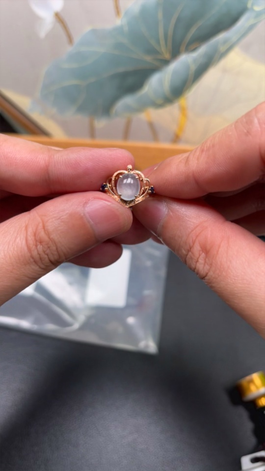 F28192091 Jadeite Cabochon Set Ring 18k Gold Setting Size 14 Total Weight Approx. 1.8g with Diamond Accents