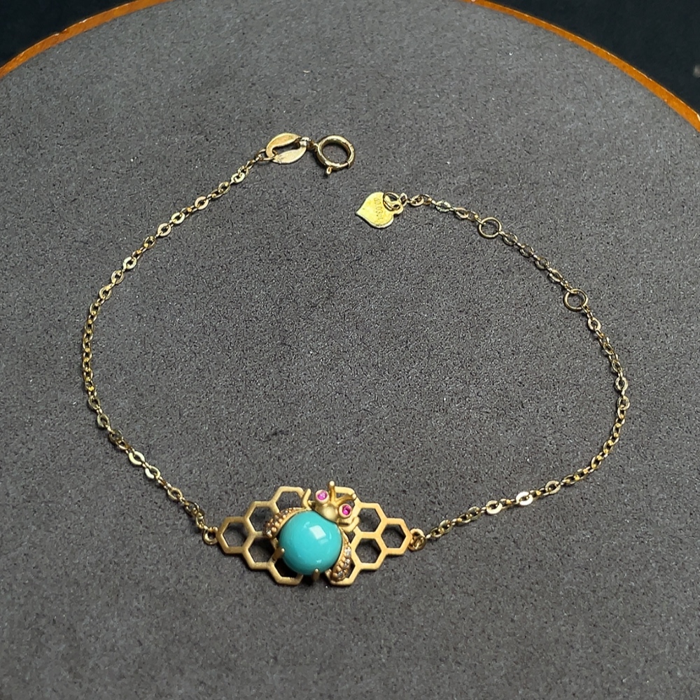C32714397 18K Gold Turquoise Bracelet with Diamond Accents, Total Weight Approx. 1.90g