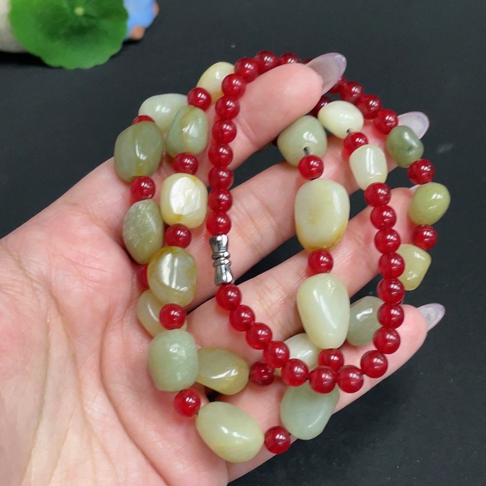 H33930466 Hetian Jade Bead Necklace, Total Weight Approx. 59.8g, Contains Other Mineral Components, Undetermined Skin Color Origin, Matching Beads Not Hetian Jade