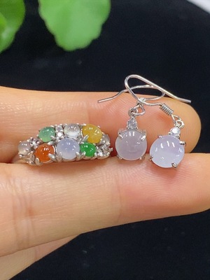 F34044525 Jadeite Inlaid Ring/Earrings Non-Gold Adjustable Red/Yellow Part Color Origin Undetermined