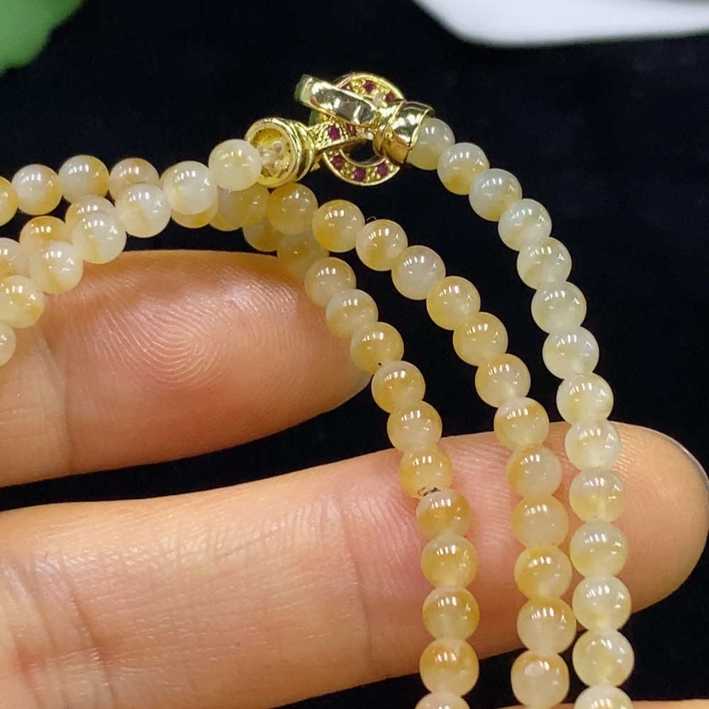 F34024090 Jadeite bead necklace, approximately 3.5mm, total weight about 14.77g, yellow part color origin undetermined