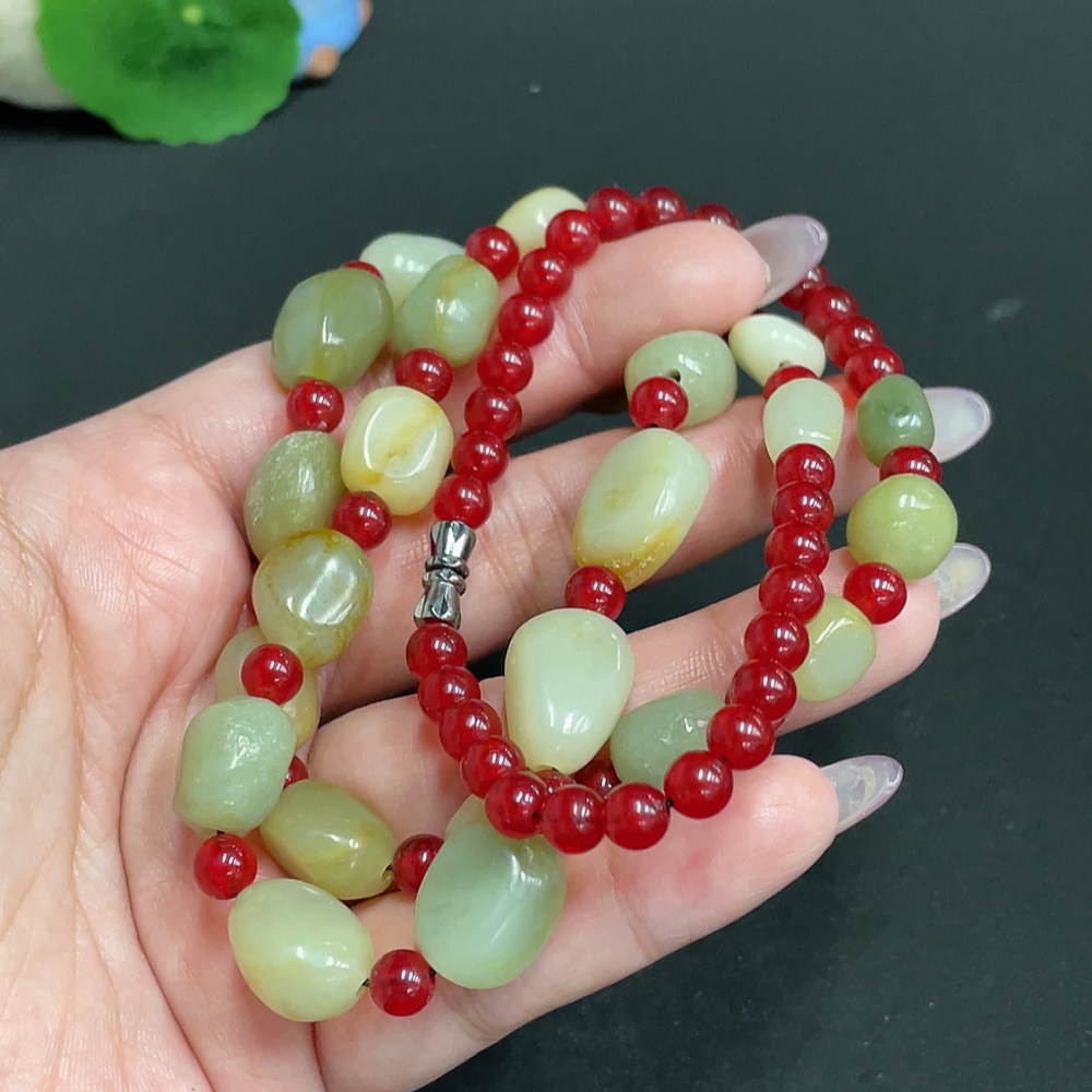 H33930466 Hetian Jade Bead Necklace, Total Weight Approx. 59.8g, Contains Other Mineral Components, Undetermined Skin Color Origin, Matching Beads Not Hetian Jade