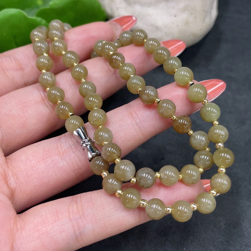 H34016824 Hetian Jade Bead Necklace, Approx. 6mm, Non-Gold, Total Weight Approx. 21.4g