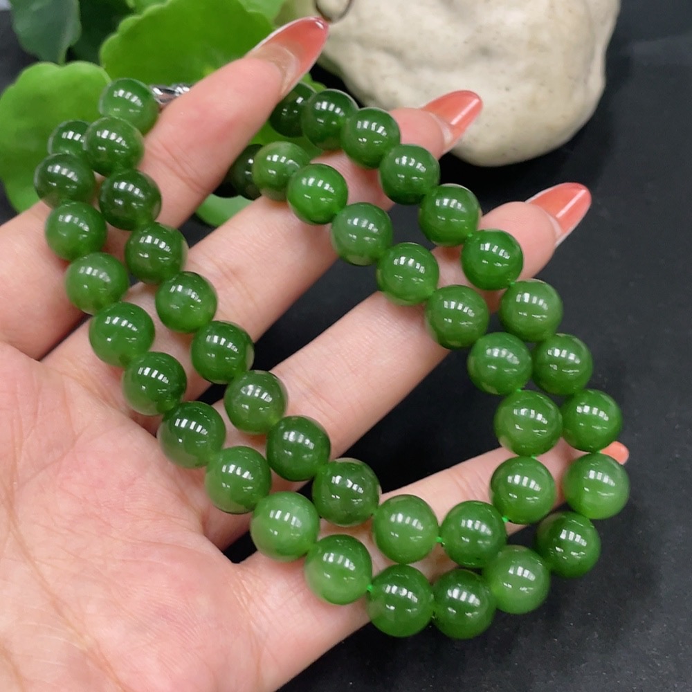 H34062264 Hetian Jade Beaded Necklace, approx. 9.2mm, total weight about 65.6g, non-gold