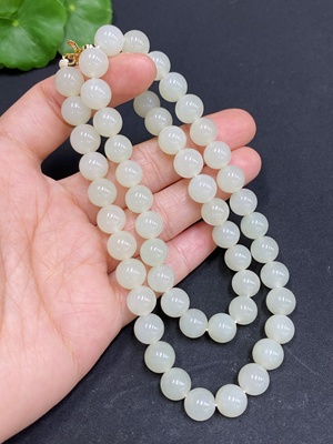 H34970438 Hetian Jade Bead Necklace, Approx. 8mm, Non-Gold Inlaid, Total Weight Approx. 47.9g