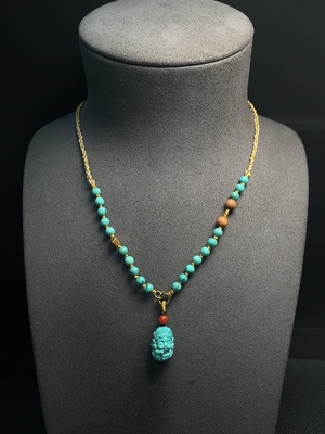 C34008553 Turquoise Pendant with Non-Natural Accent Stones, Total Weight Approx. 7.88g (Incl. Cord), Marked in Red Without Stamp, Surface Gold Content 75%, Rest Non-Gold