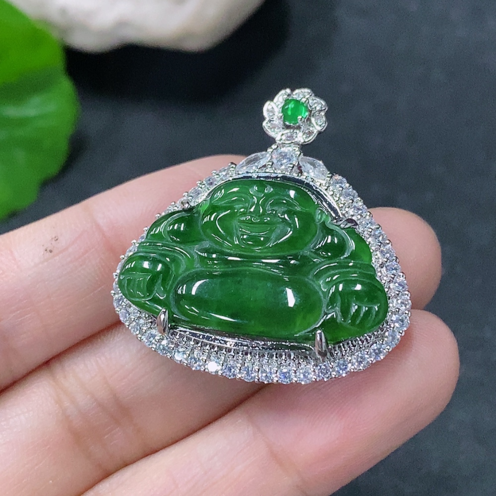 F33888039 Jadeite Inlaid Buddha Pendant, Non-Gold, Total Weight Approx. 7.34g, Beads Non-Grade A