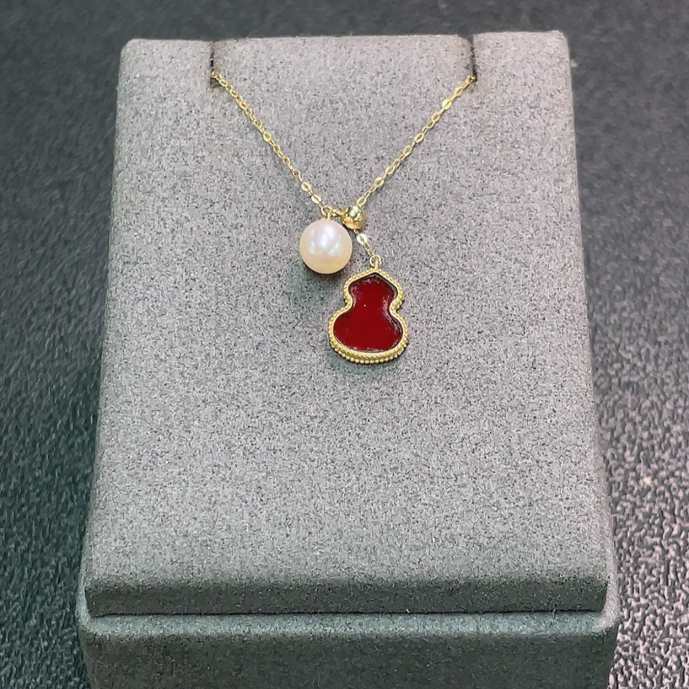 C34950987 18K Onyx Necklace with Pearl and Simulated Stones, Total Weight Approx. 1.26g, Stone Size About 5.9mm