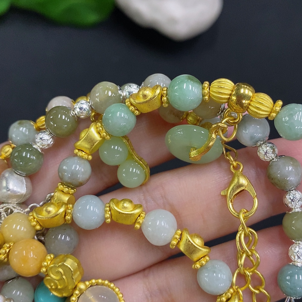 F34001794 Jadeite Bead Necklace Sell as a Lot Non-gold Setting (Yellow Color Origin Undetermined) (Contains Other Mineral Components) (Matching Beads Not Grade A)