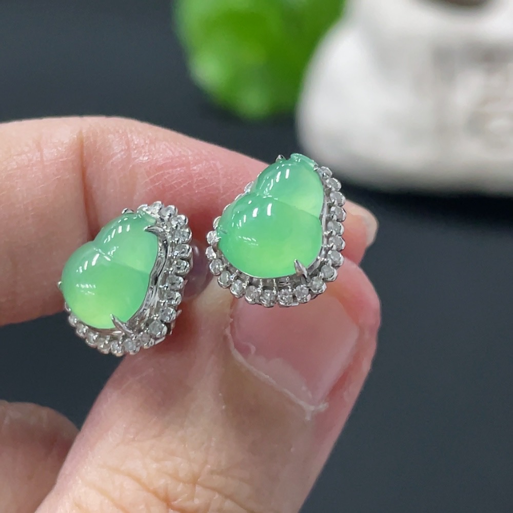 F30519099 Jadeite Earrings 18k with Diamond Accents Total Weight Approx. 3g (Excluding Ear Backs)