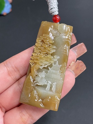 H22442127 Hetian Jade Pendant Landscape Plaque with Cord Total Weight 35.61g