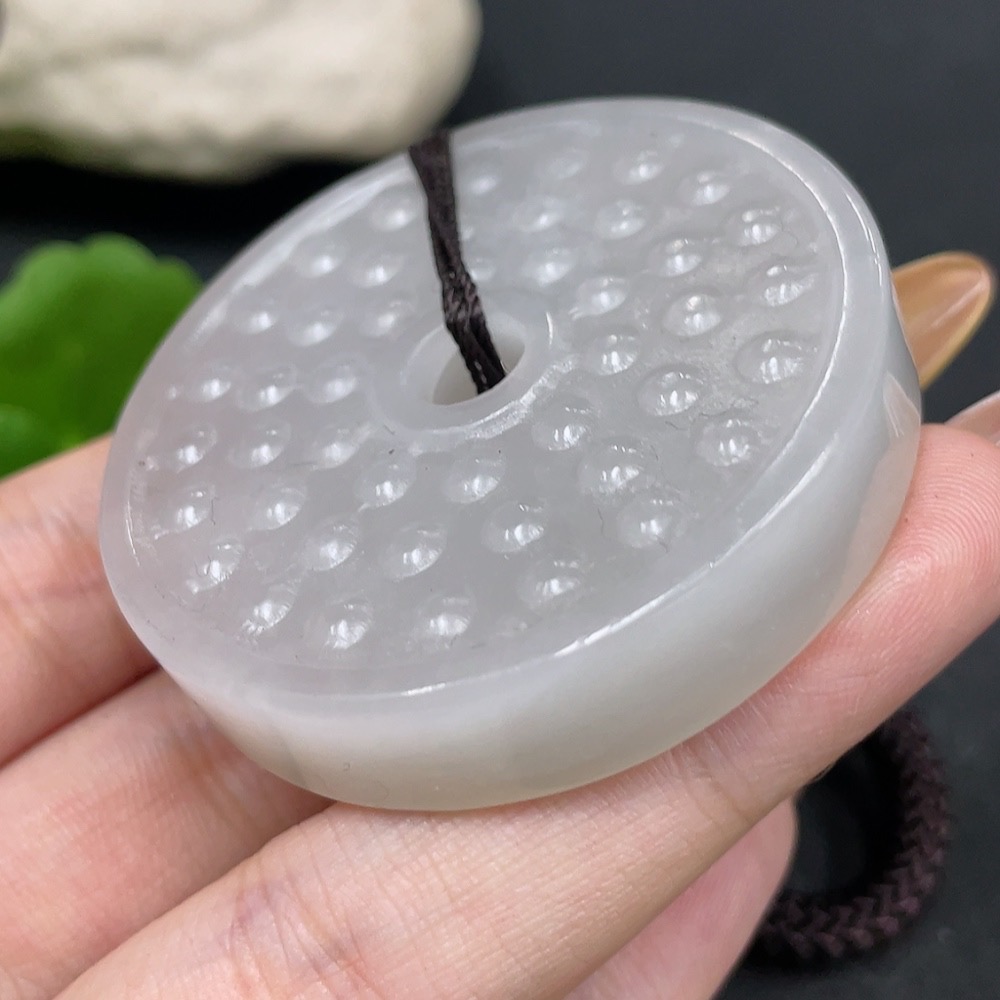 H31671144 Hetian Jade Handheld Ornament Antique Button with Non-Hetian Jade Beads