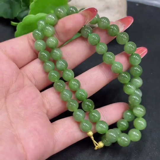 H34053449 Hetian Jade Jasper Bead Necklace, approx. 7.7mm, non-gold inlaid, total weight approx. 42.7g