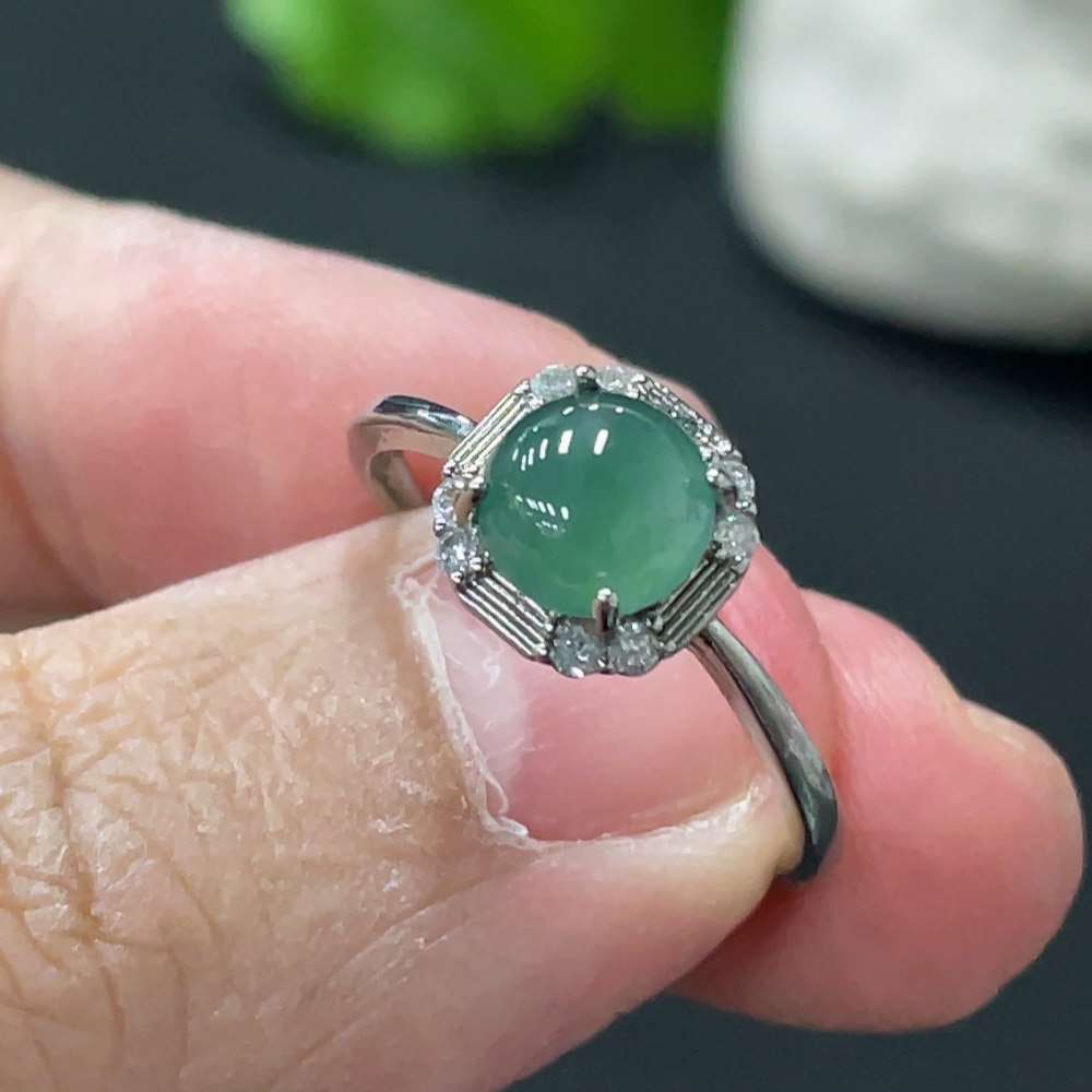 F32768619 Jadeite Cabochon Inlaid Ring Non-Gold Setting Adjustable Size Total Weight Approx. 1.81g