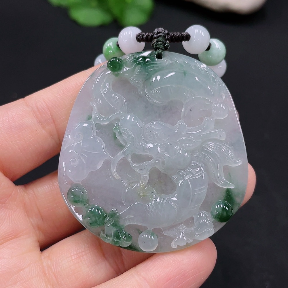 F25900418 Jadeite Dragon Pendant Total Weight Approx. 38.72g with Non-Grade A Beads