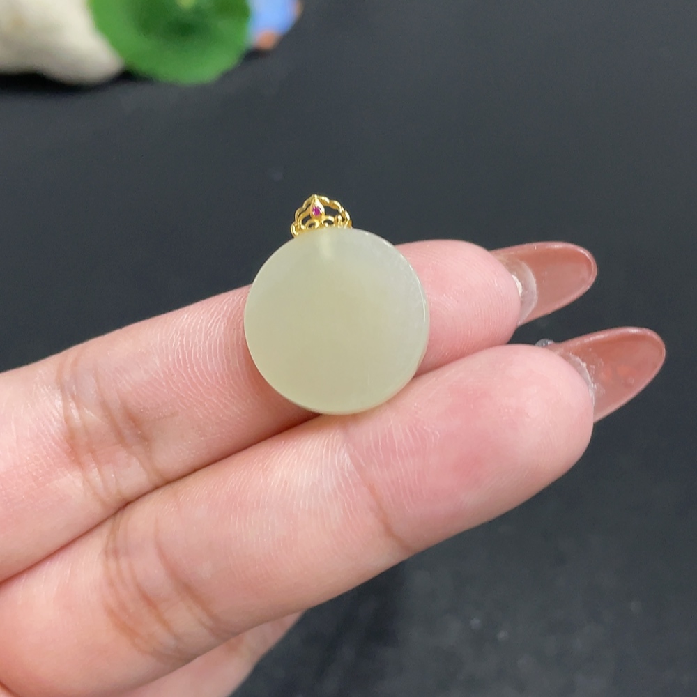 H34010761 Hetian Jade Inlaid Pendant, Plain Pendant, Total Weight Approx. 3.3g, 18k