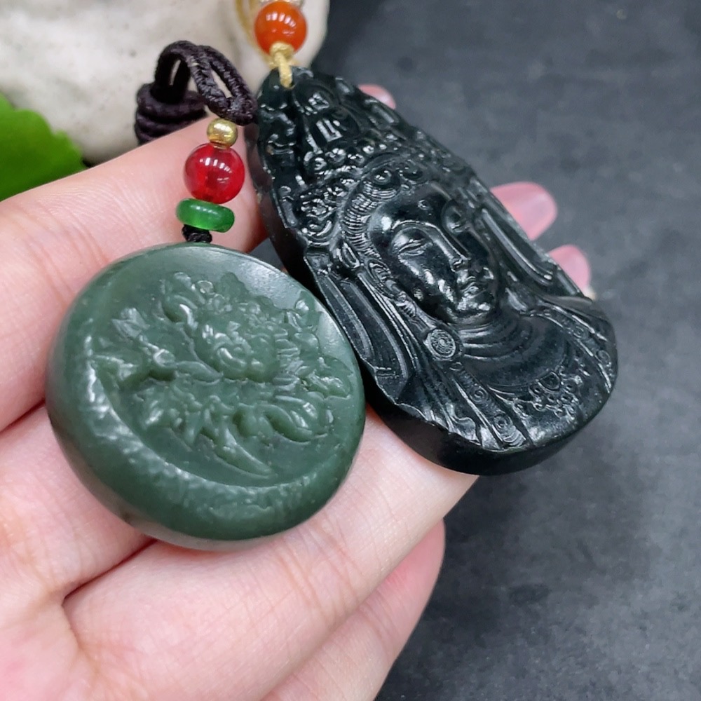 H33945017 Hetian Jade Pendant - Guanyin + Flowering Prosperity