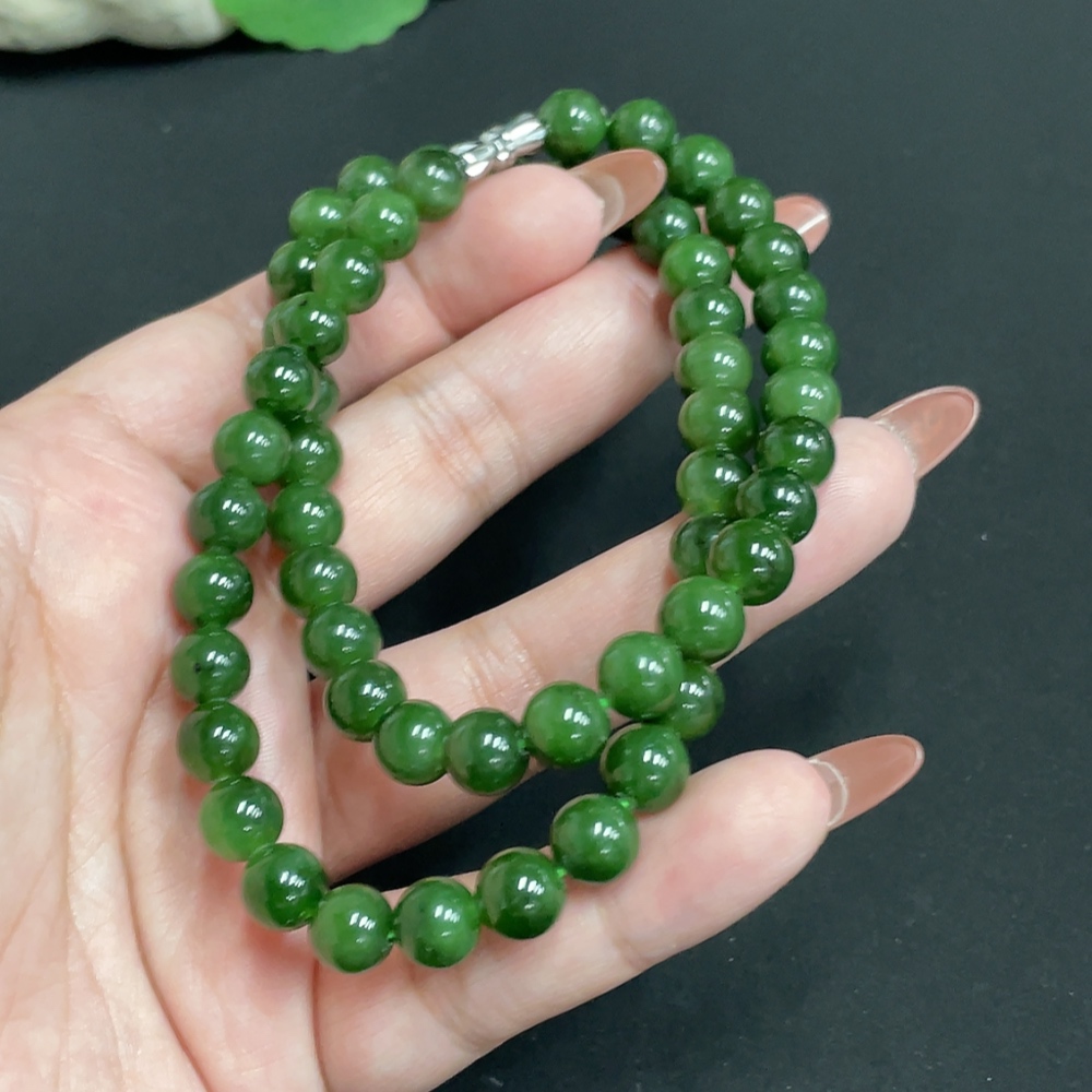 H35100071 Hetian Jade Jasper Bead Necklace, approx. 7.7 mm, total weight approx. 44.6g