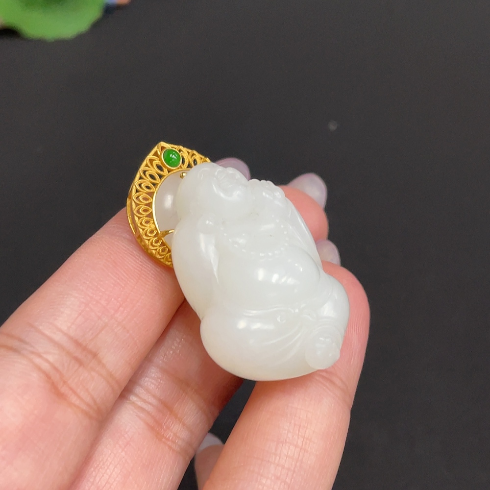 H33900891 Hetian Jade Inlaid Pendant - Buddha, Total Weight Approx. 19.5g, 18k, Beads Not Hetian Jade