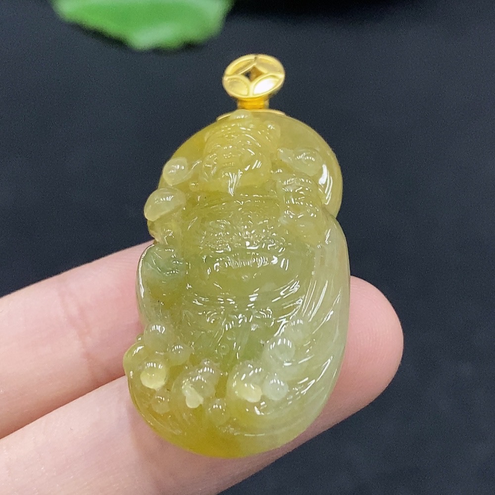 F32729253 Jadeite Caishen Pendant 18K Gold Color Origin Undetermined Total Weight Approx. 12.84g