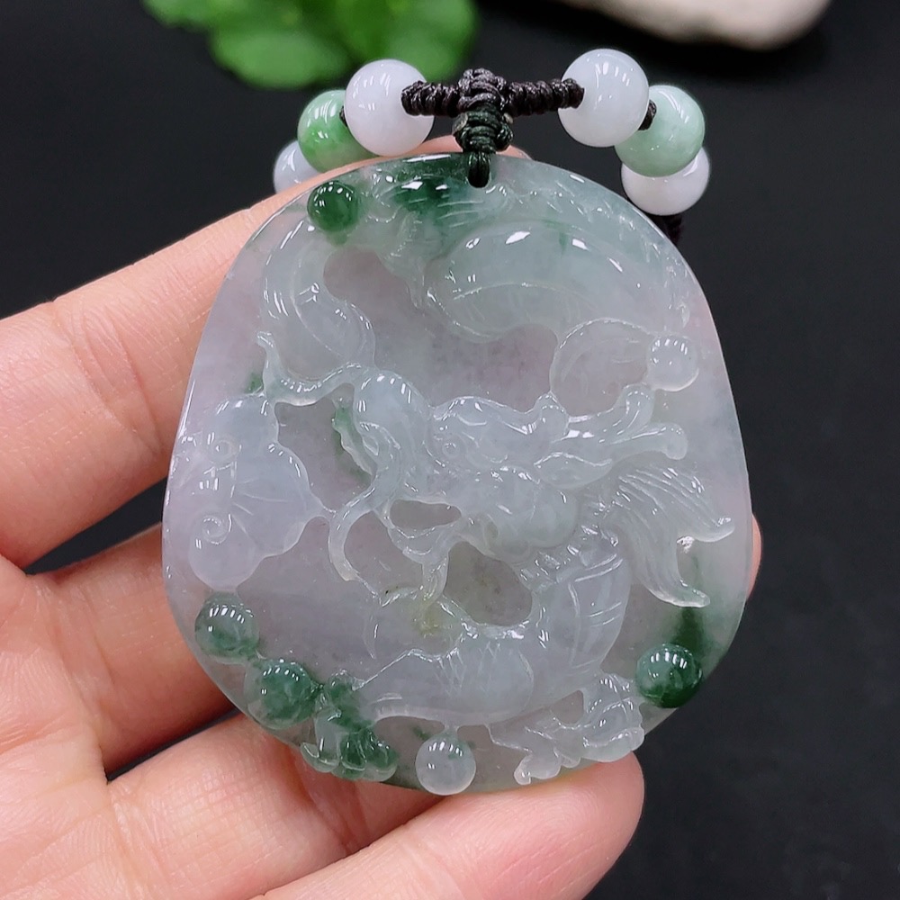 F25900418 Jadeite Dragon Pendant Total Weight Approx. 38.72g with Non-Grade A Beads
