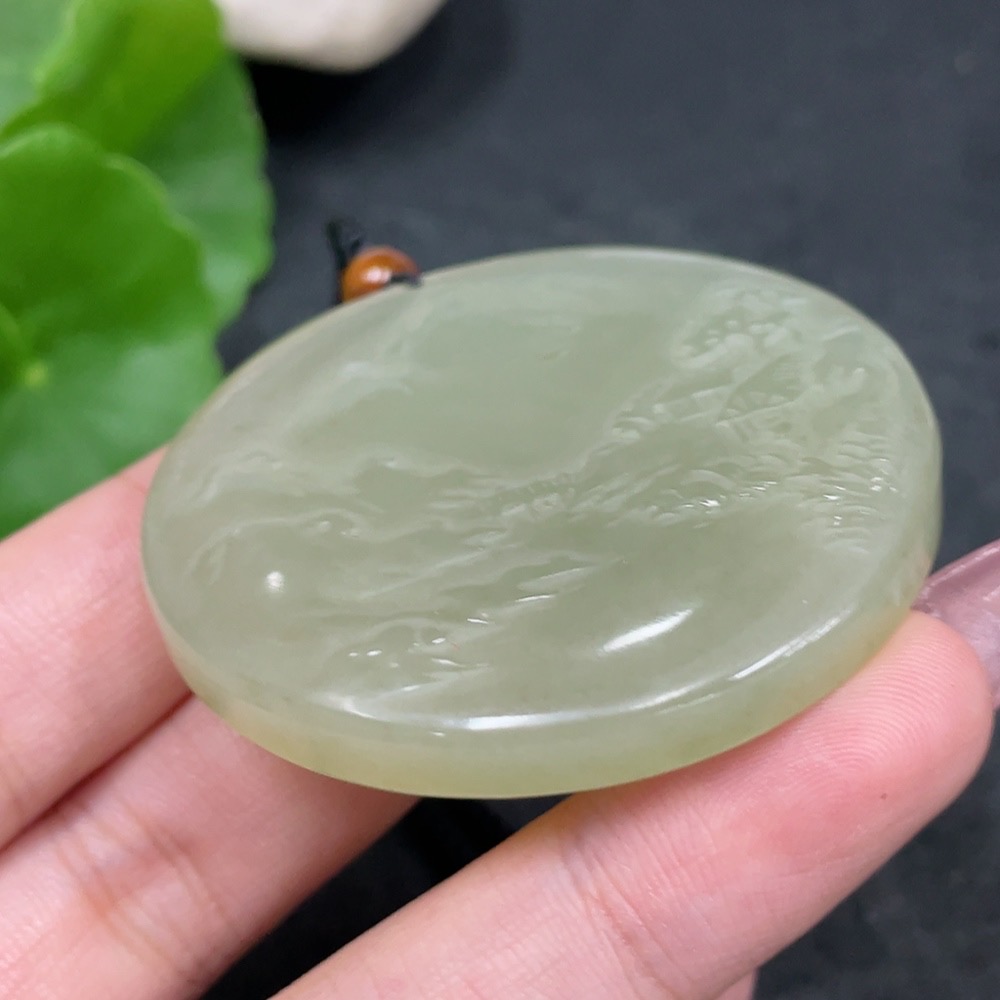 H33884873 Hetian Jade Pendant - Landscape Plaque, Total Weight (Including Rope): Approx. 43.1g