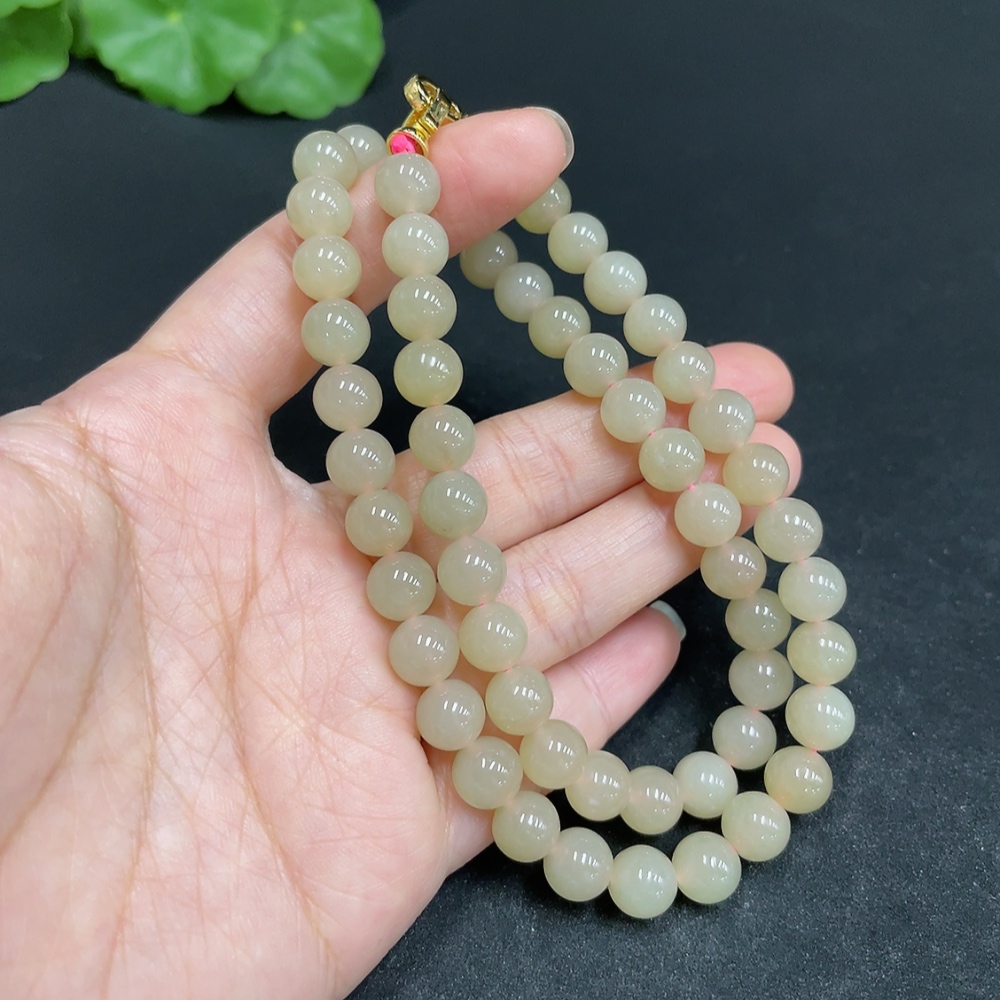 H34037001 Hetian Jade Bead Necklace Approx. 7.7mm Non-Gold-Inlaid Total Weight About 43.2g
