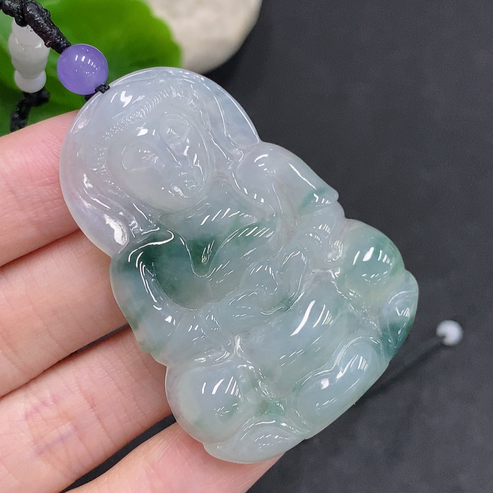 F34967861 Jadeite Guanyin Pendant Total Weight with Rope Approx. 24.5g (Matching Beads Non-Grade A)
