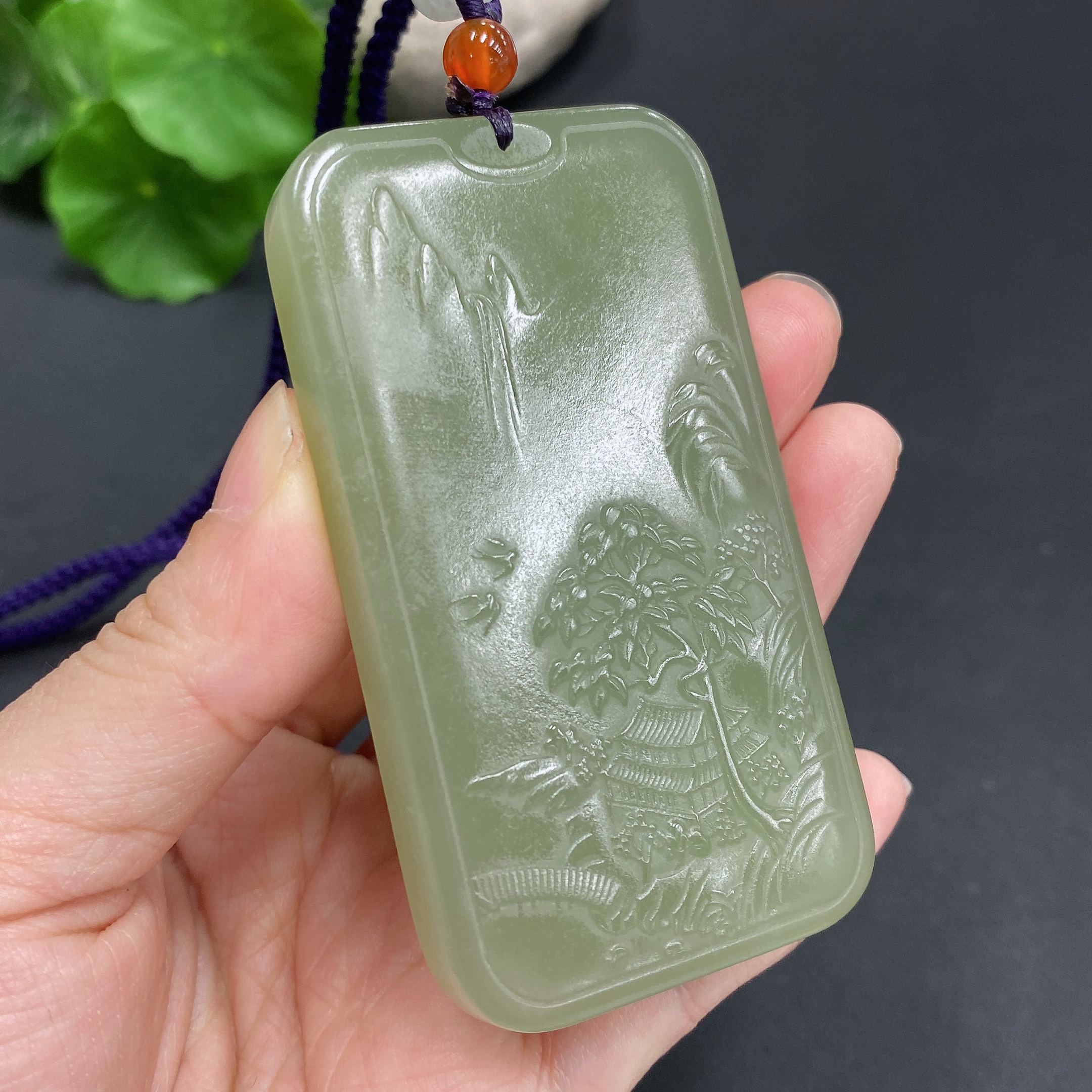 H18974711 Hetian Jade Pendant - Landscape Plaque, Total Weight Approx. (Including Rope) 76.9g