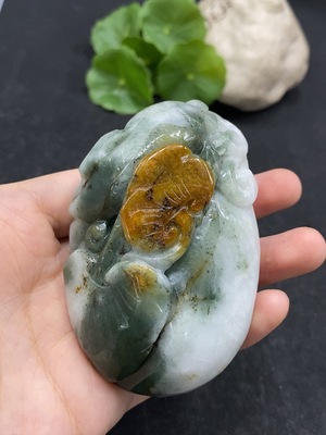 F34995567 Jadeite Handheld Carving 'Abundance Year after Year' with Yellow Part of Undetermined Color Origin, Total Weight Approx. 248.15g