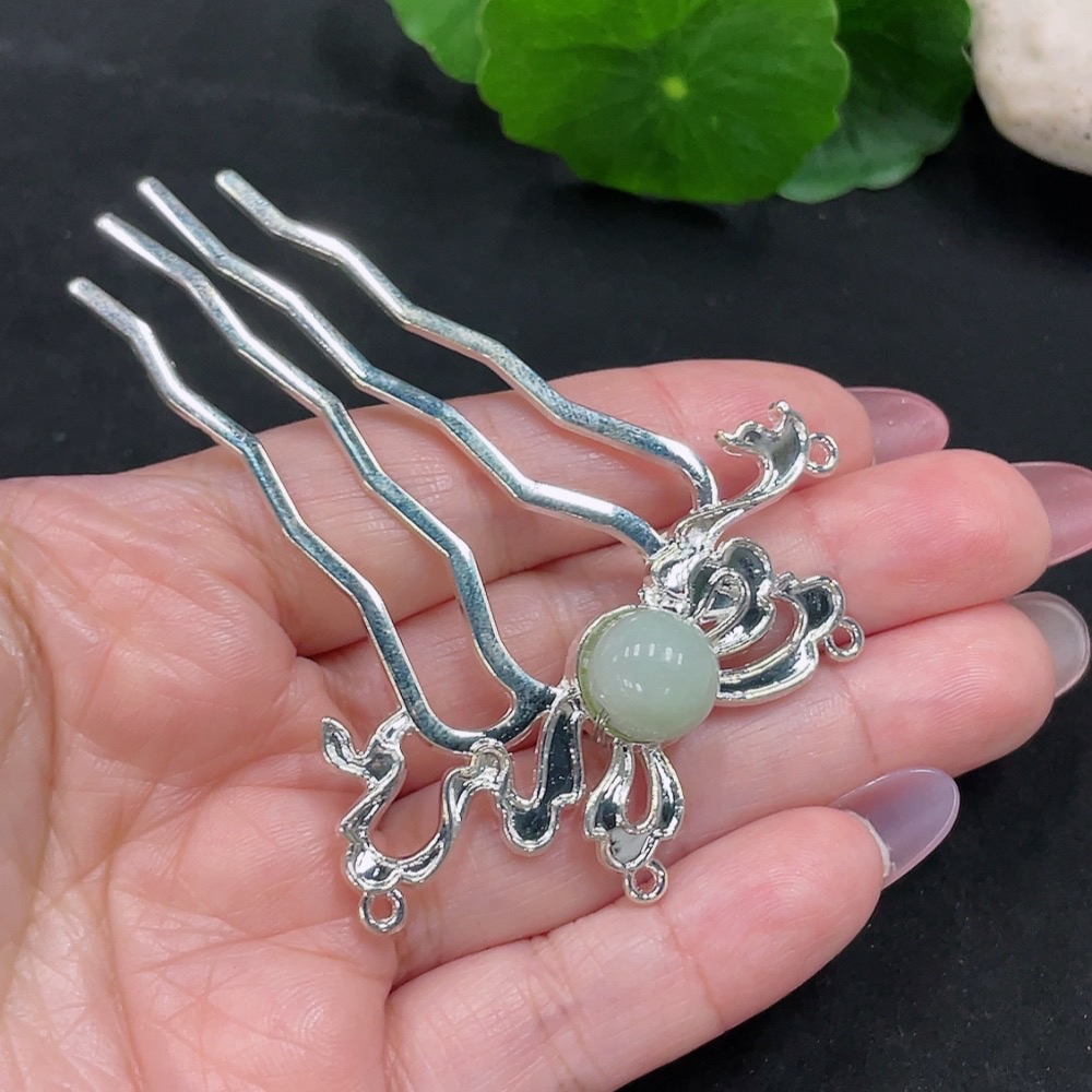 F34982886 Jadeite Inlaid Hairpin Total Weight Approx. 9.1g (Non-Gold Inlaid)