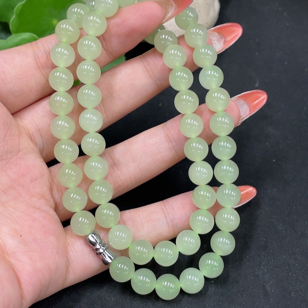 H35112120 Hetian Jade Bead Necklace Non-Gold Approximately 7.7mm Total Weight About 44.1g
