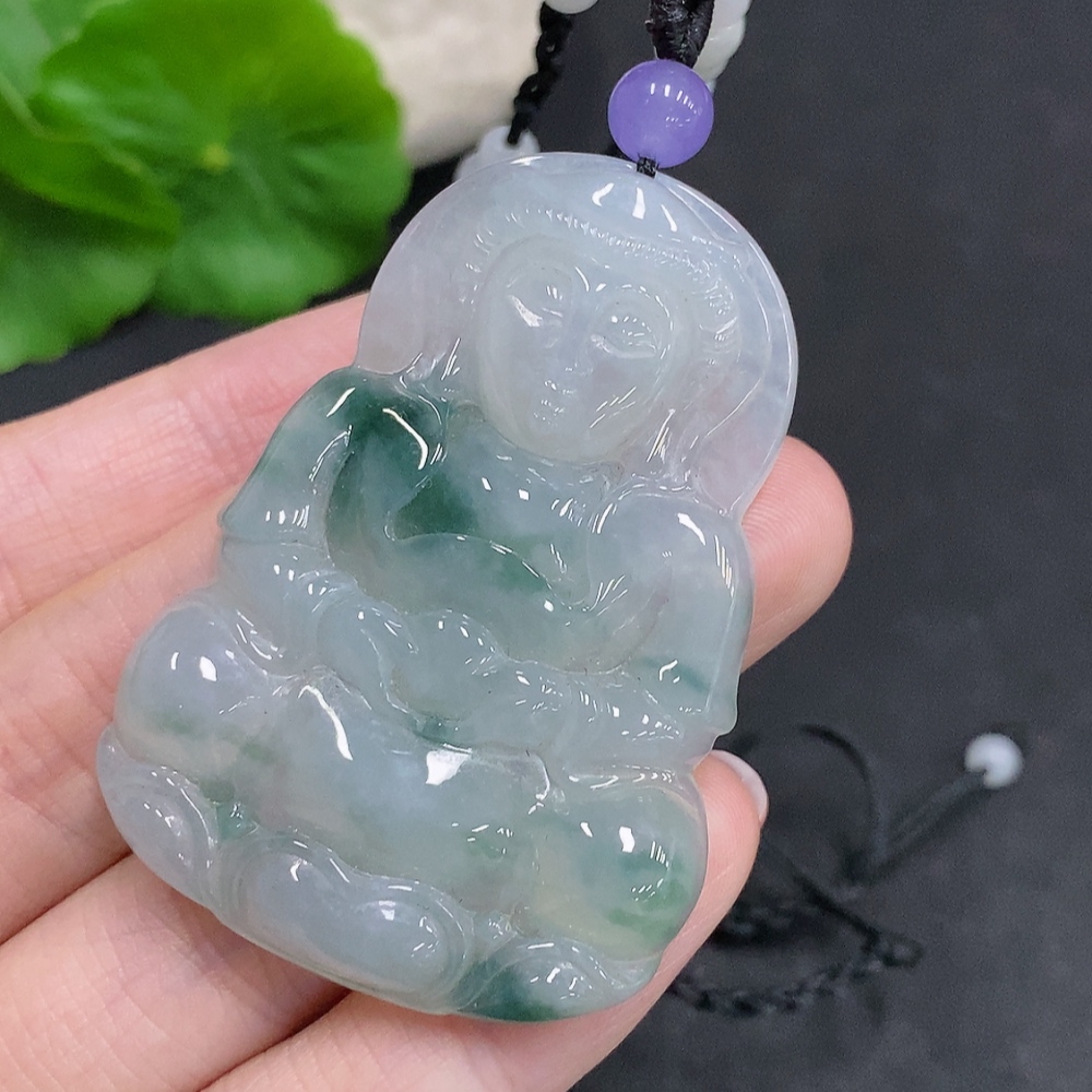 F34967861 Jadeite Guanyin Pendant Total Weight with Rope Approx. 24.5g (Matching Beads Non-Grade A)