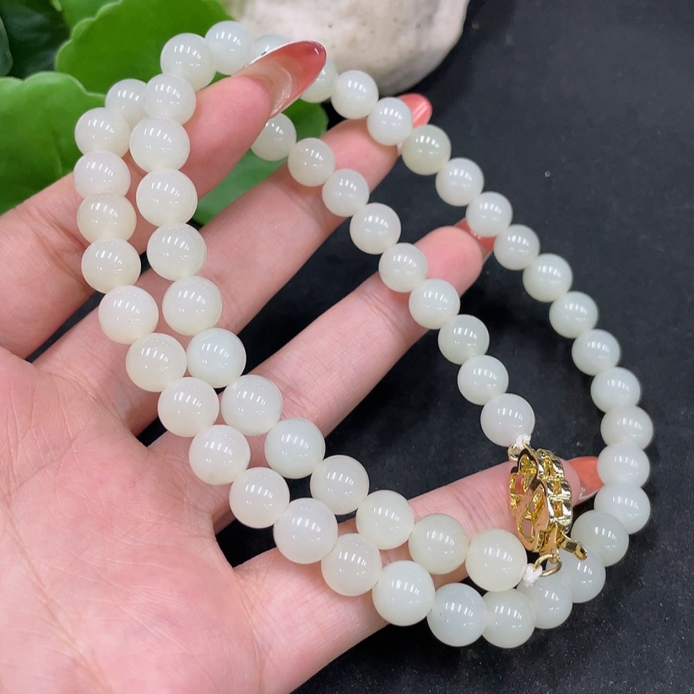 H35113567 Hetian Jade Bead Necklace Non-Gold Approximately 8.3mm Total Weight About 51.3g