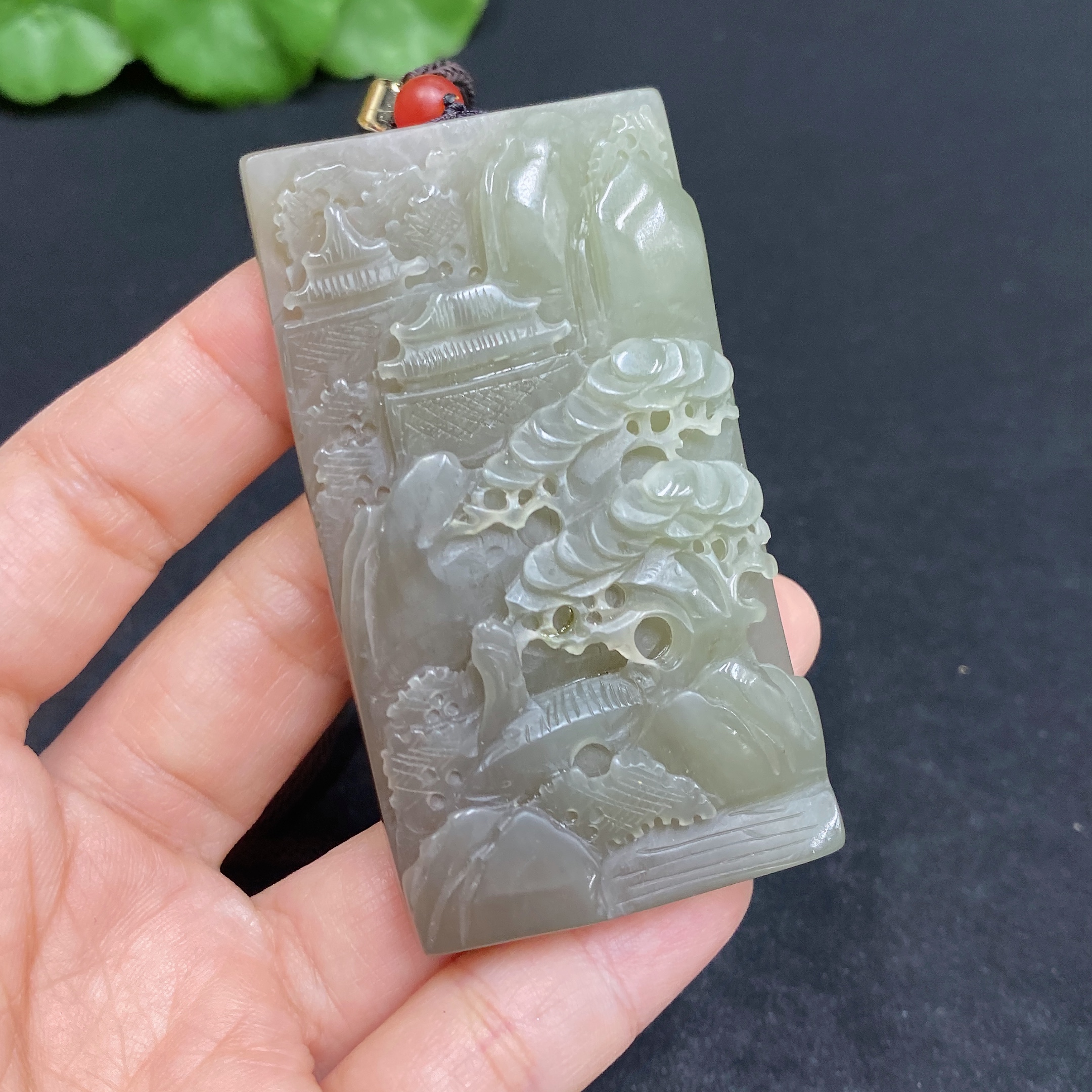 H31667452 Hetian Jade Pendant, Landscape Plaque, Total Weight (Including Rope) Approx. 66.9g