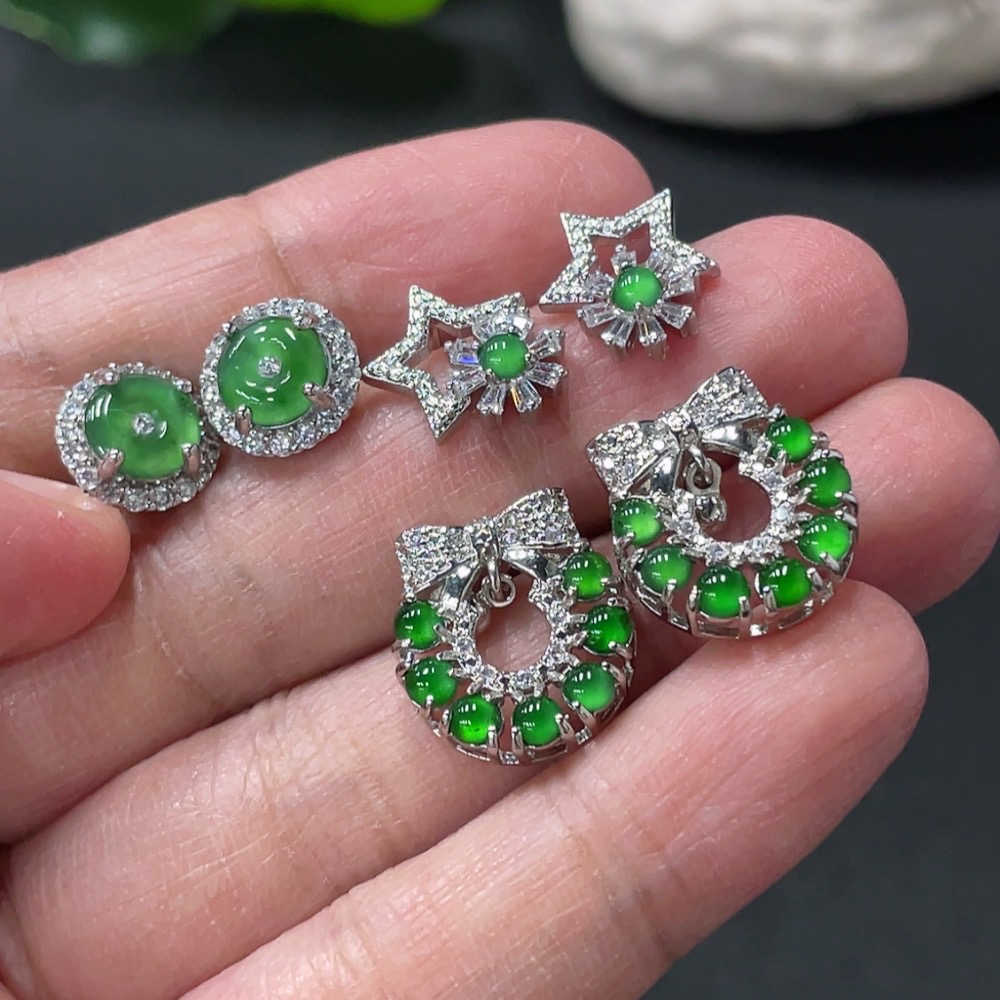 F33908895 Jadeite Inlaid Earrings Sell as a Lot Non-Gold