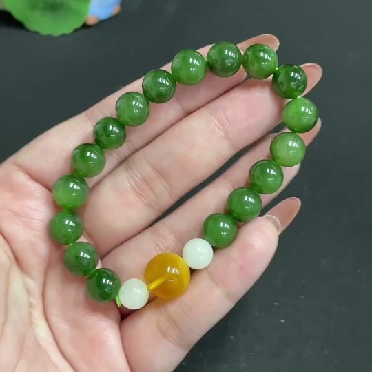 H35118682 Hetian Jade Jasper Bead Bracelet, approx. 9.2mm, total weight approx. 25.4g, containing other mineral components, paired with amber