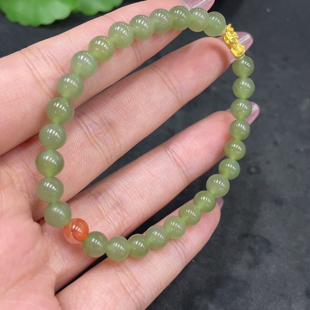 H33858594 Hetian Jade Bracelet, Approx. 5.9mm, Total Weight Approx. 9.5g, 99% Gold Content, Non-Hetian Jade Beads