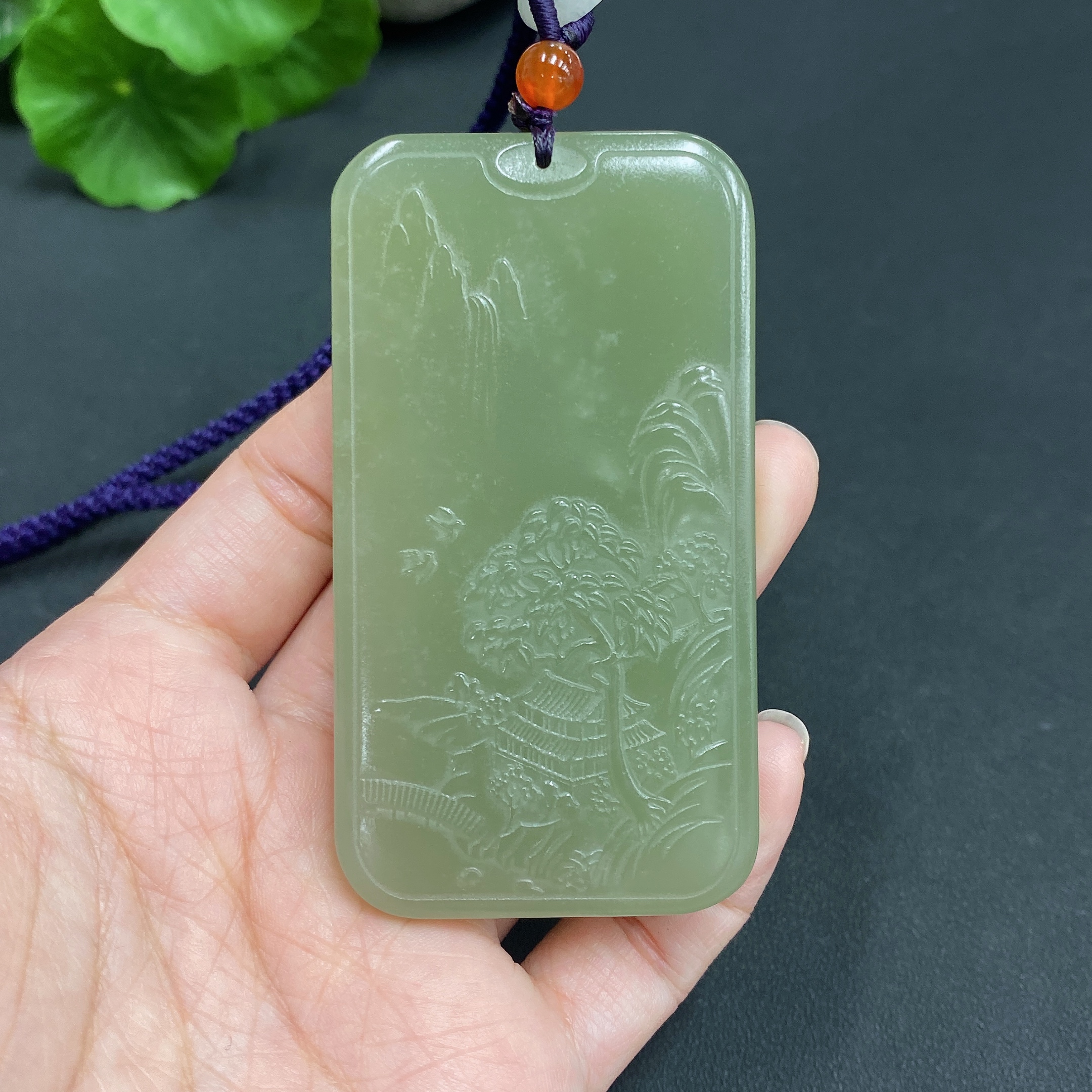 H18974711 Hetian Jade Pendant - Landscape Plaque, Total Weight Approx. (Including Rope) 76.9g