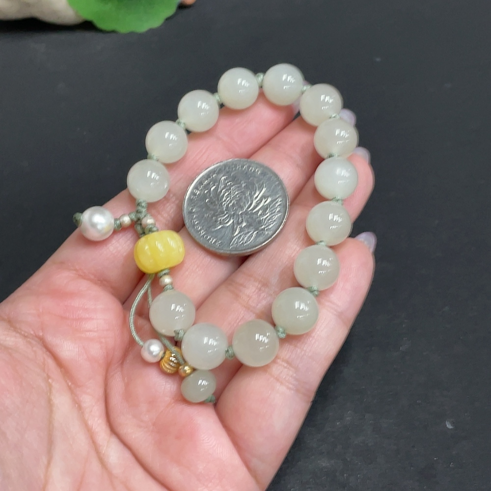 H33862731 Hetian Jade Bead Bracelet, approx. 9.9 mm, total weight about 24.8g, non-Hetian jade accessory beads