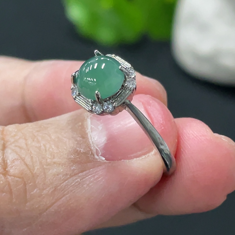 F32768619 Jadeite Cabochon Inlaid Ring Non-Gold Setting Adjustable Size Total Weight Approx. 1.81g