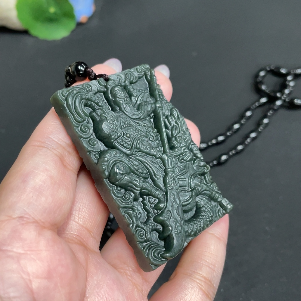 H33847703 Hetian Jade Pendant, Guan Gong, Total Weight Approx. 73g (including chain, chain not Hetian Jade)