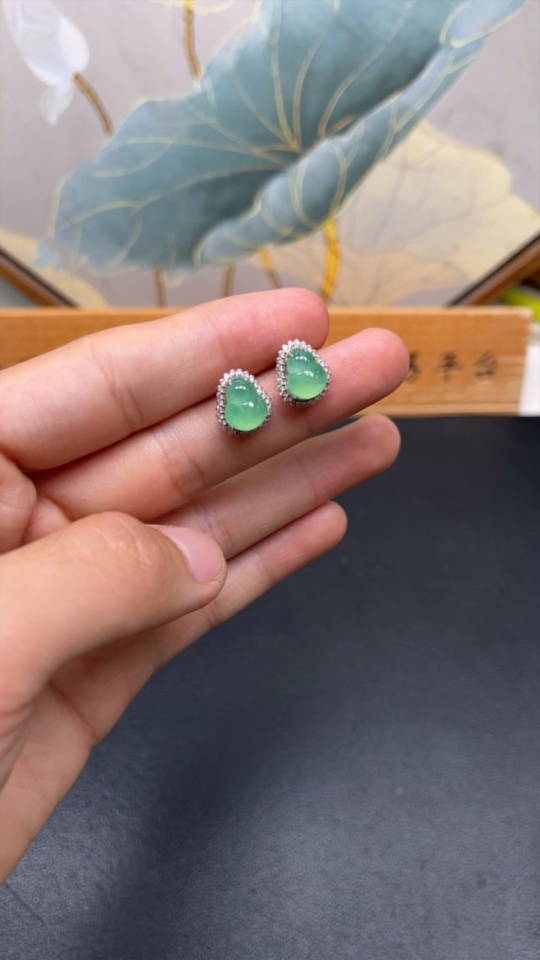 F30519099 Jadeite Earrings 18k with Diamond Accents Total Weight Approx. 3g (Excluding Ear Backs)