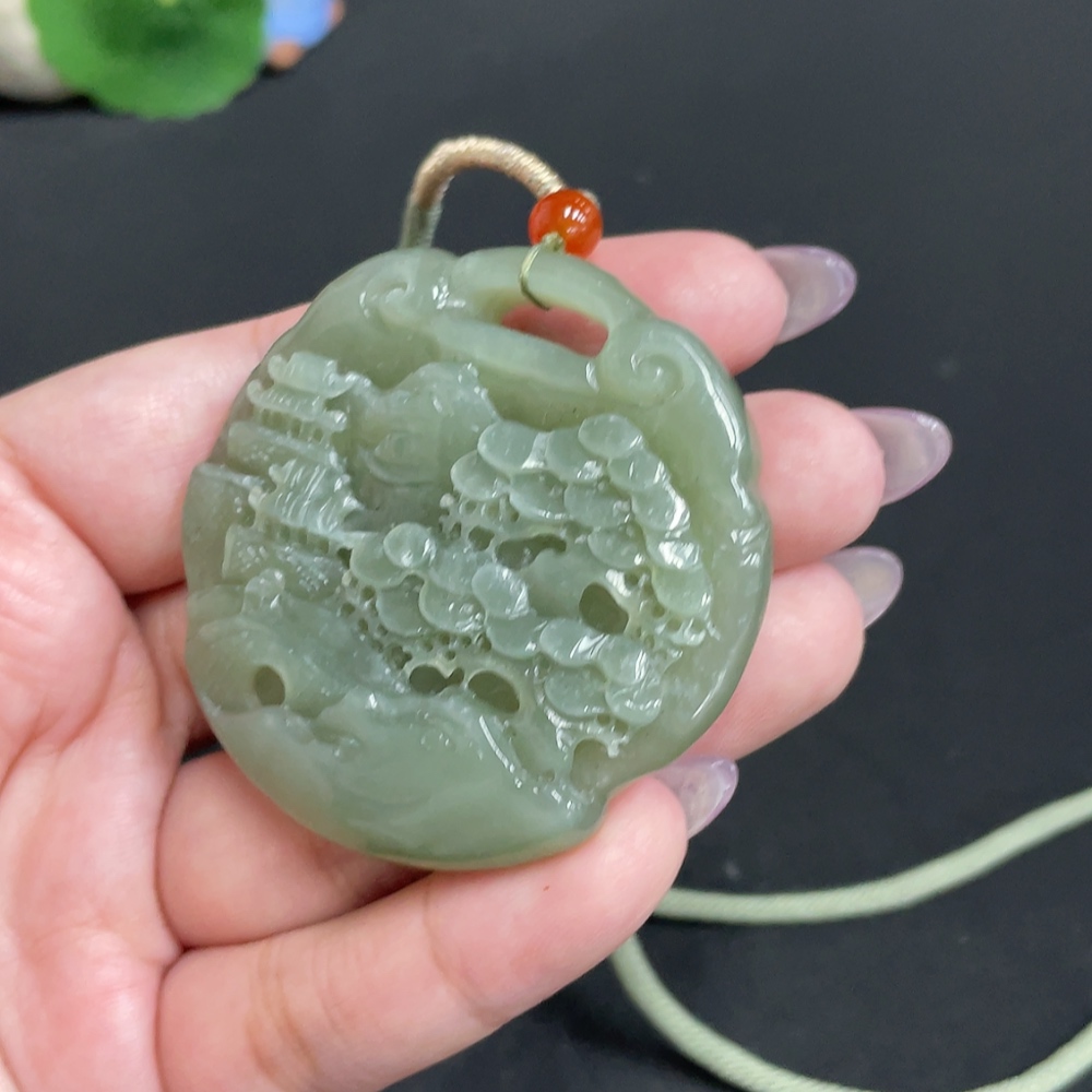 H33862761 Hetian Jade Pendant Landscape (Total Weight Approx. [with Rope] 50.9g)