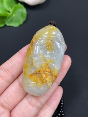 H27106090 Hetian Jade Pendant - Bamboo Section, Undetermined Skin Color Origin, Contains Other Mineral Components, Chain Not Hetian Jade, Total Weight Approximately (Including Chain) 51g