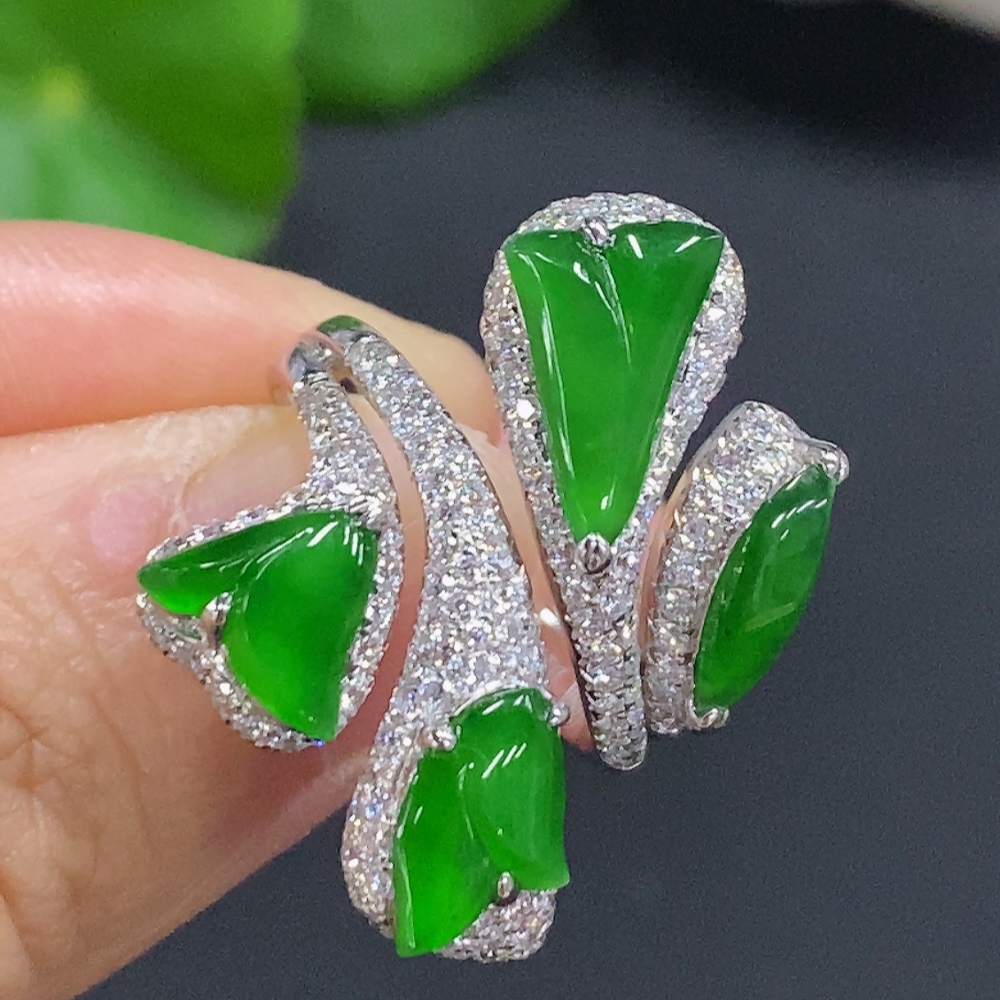 F30452380 Jadeite Inlaid Ring 18K Gold Size 13 Total Weight Approx. 9.6g (With Diamond Accents)