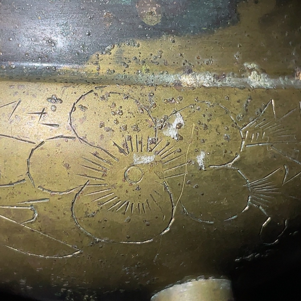 W28238912 Miscellaneous Late Qing and Republic Period Three-legged Double-handled Copper Incense Burner with Floral Engravings