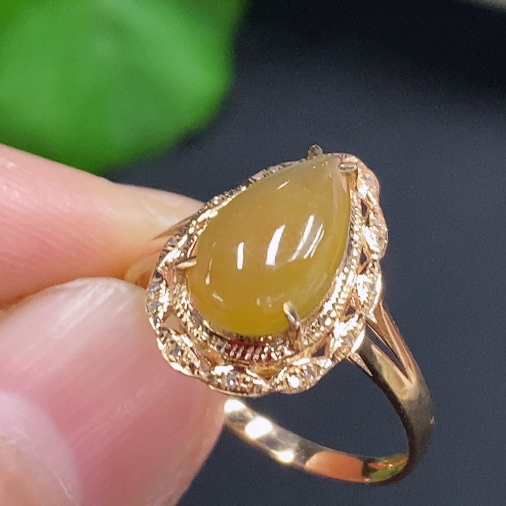 F28192095 Jadeite Water Drop Inlaid Ring 18k Gold Setting Size 14.5 Total Weight Approx. 1.83g Color Origin Undetermined With Diamond Accents