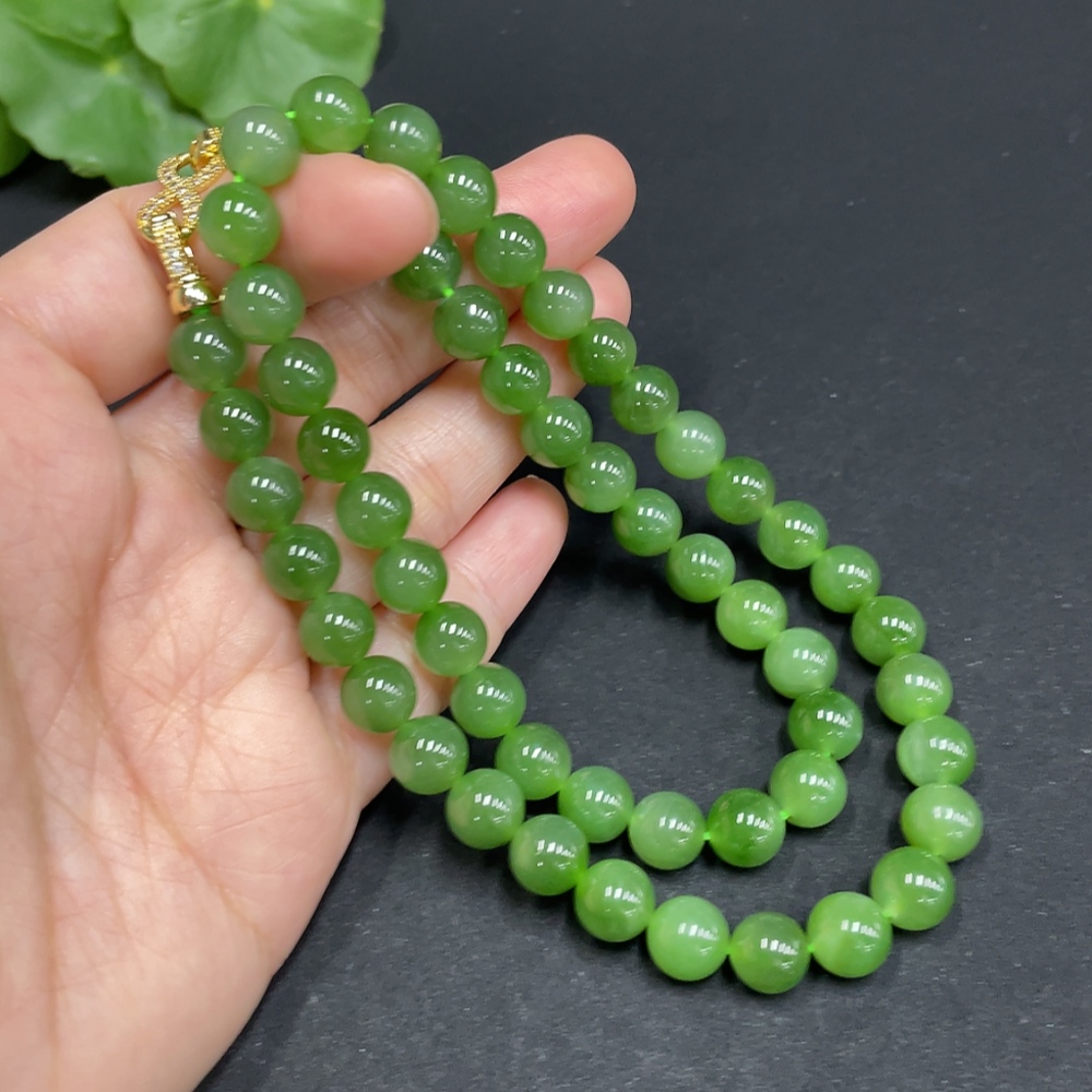 H35102452 Hetian Jade Bead Necklace, approx. 7.8mm, non-gold inlaid, total weight approx. 44.1g